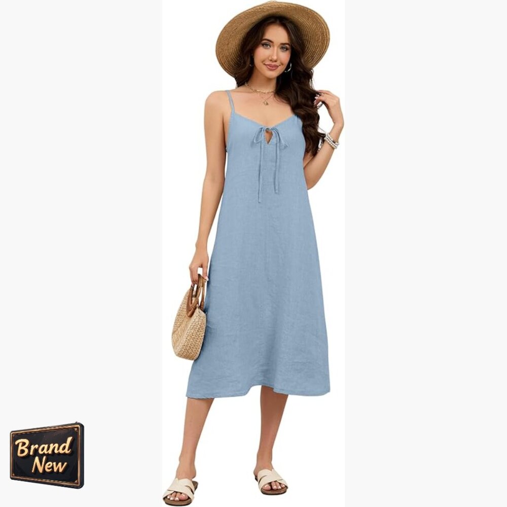 Linen Midi Dress V-Neck Tie Front Sleeveless Summer Casual Beach
